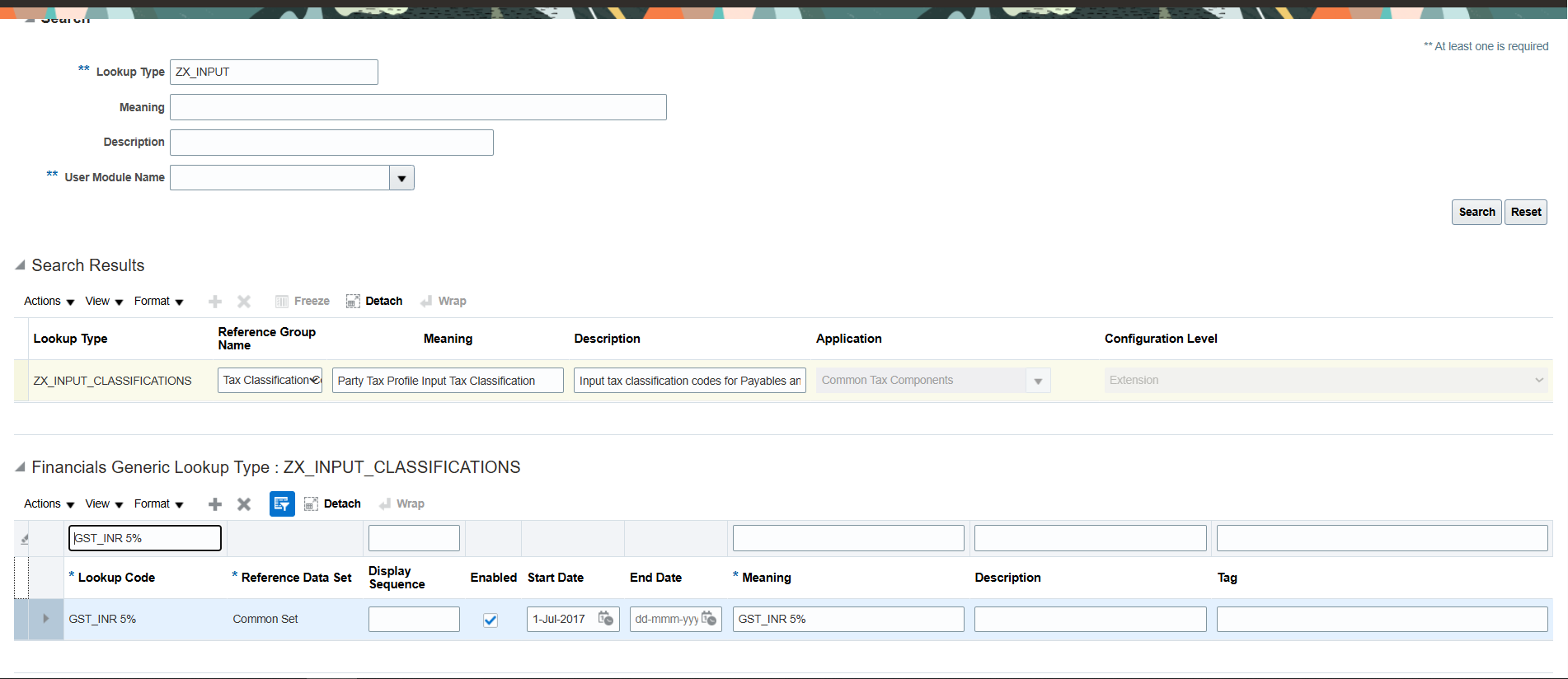 ZX_INPUT_CLASSIFICATIONS lookup type with GST_INR 5 percent code for Procure to Pay