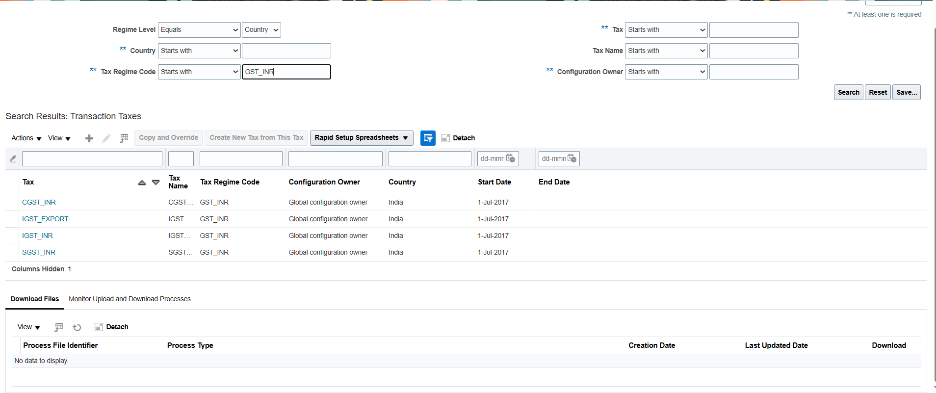 Manage Tax screen showing CGST_INR, IGST_EXPORT, IGST_INR and SGST_INR under GST_INR