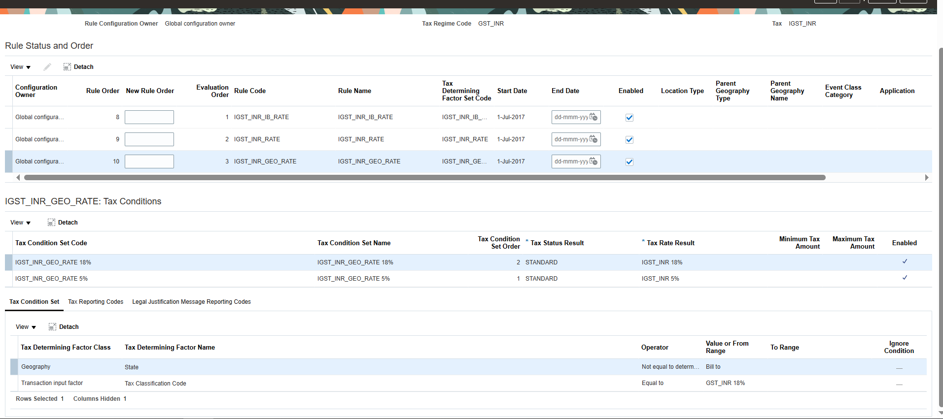 Direct Rate Determination Rule condition set mapped to Tax Rate Result IGST_INR 18 percent