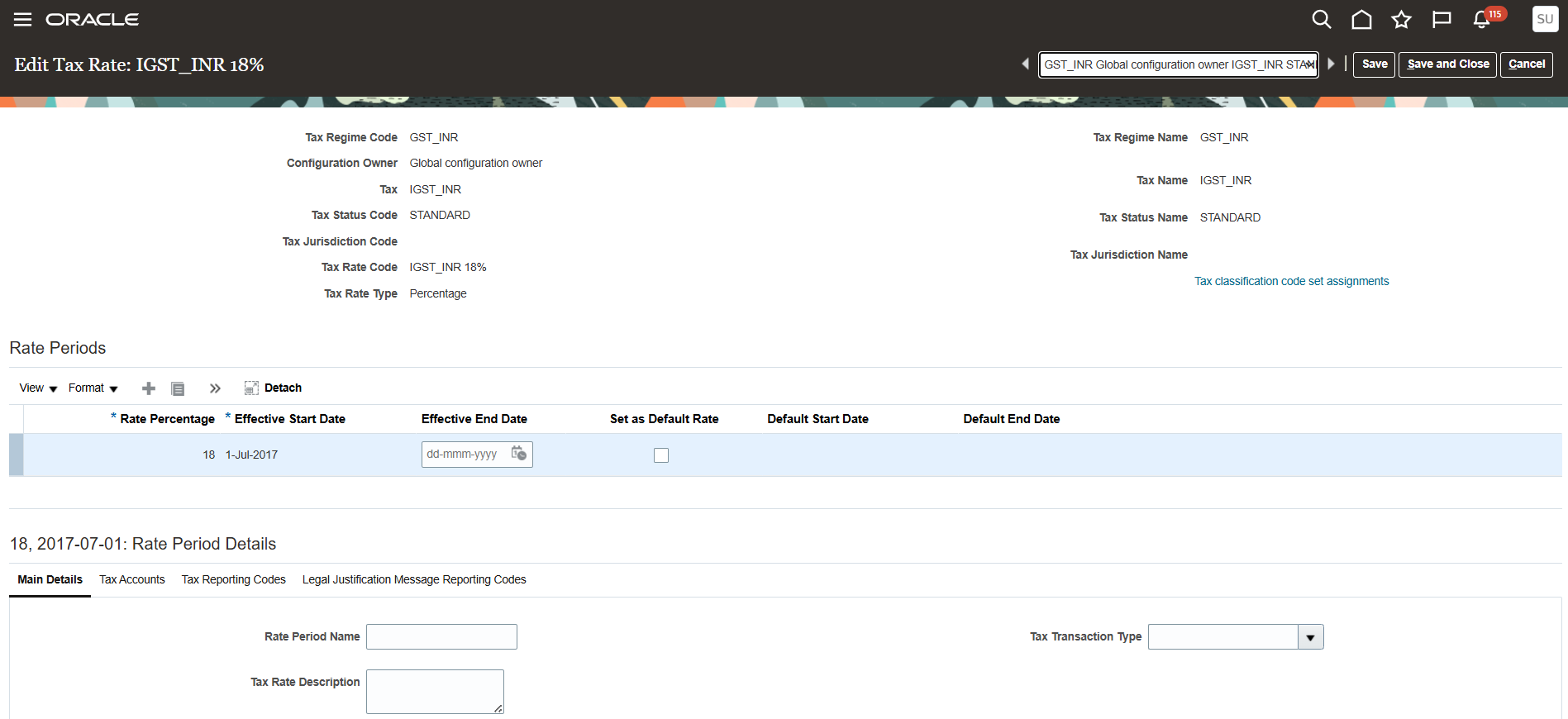Edit Tax Rate IGST_INR 18 percent rate period in Oracle Fusion