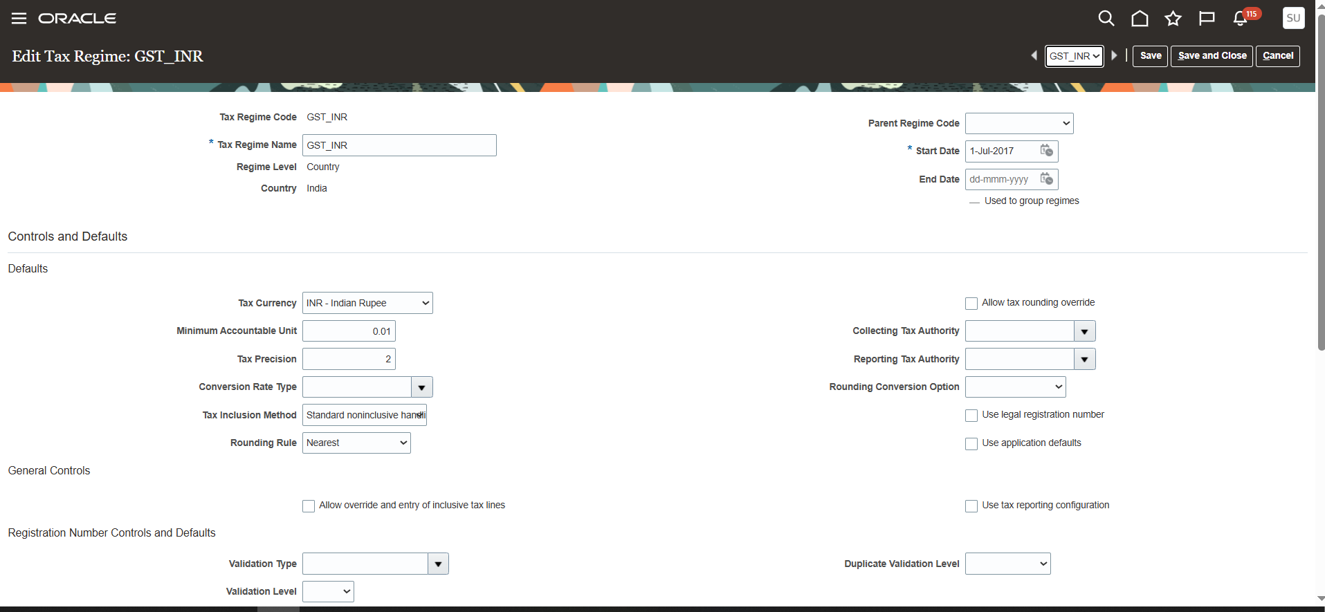 Edit Tax Regime GST_INR in Oracle Fusion Cloud