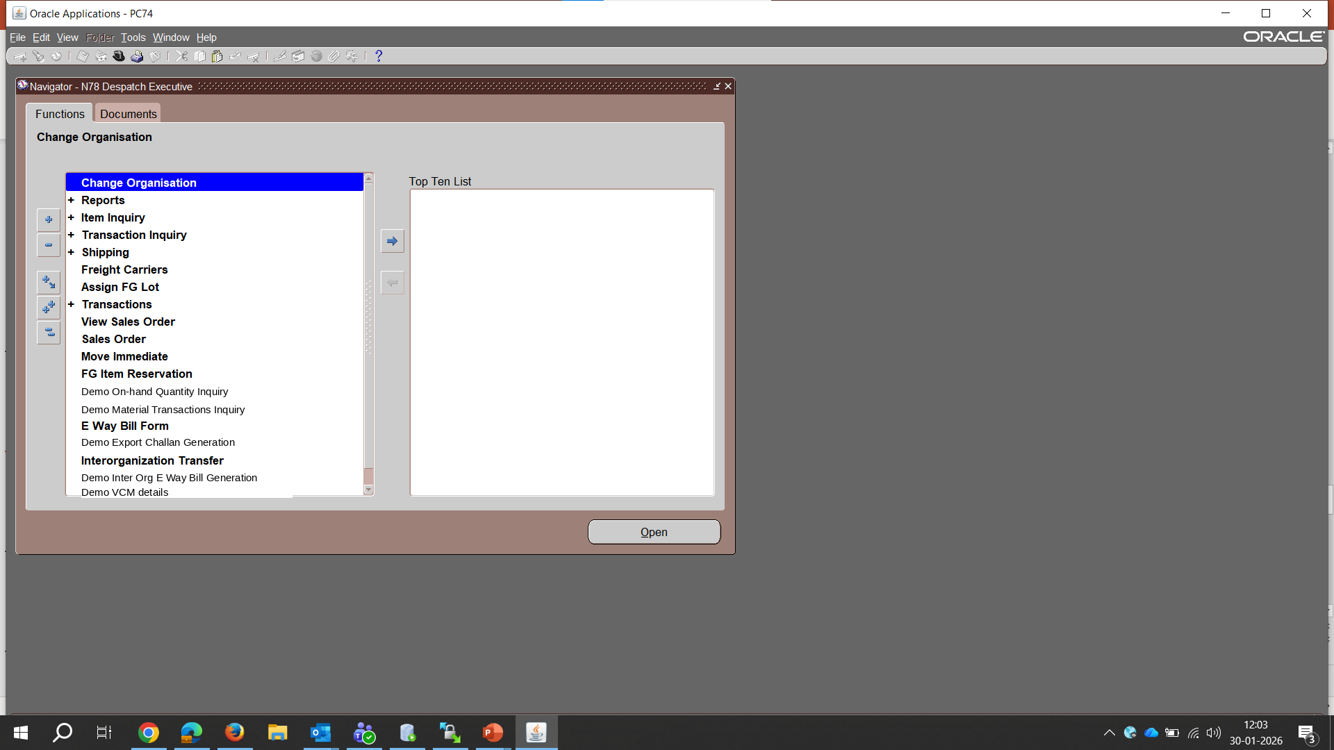 Oracle EBS Navigator showing custom functions under a responsibility