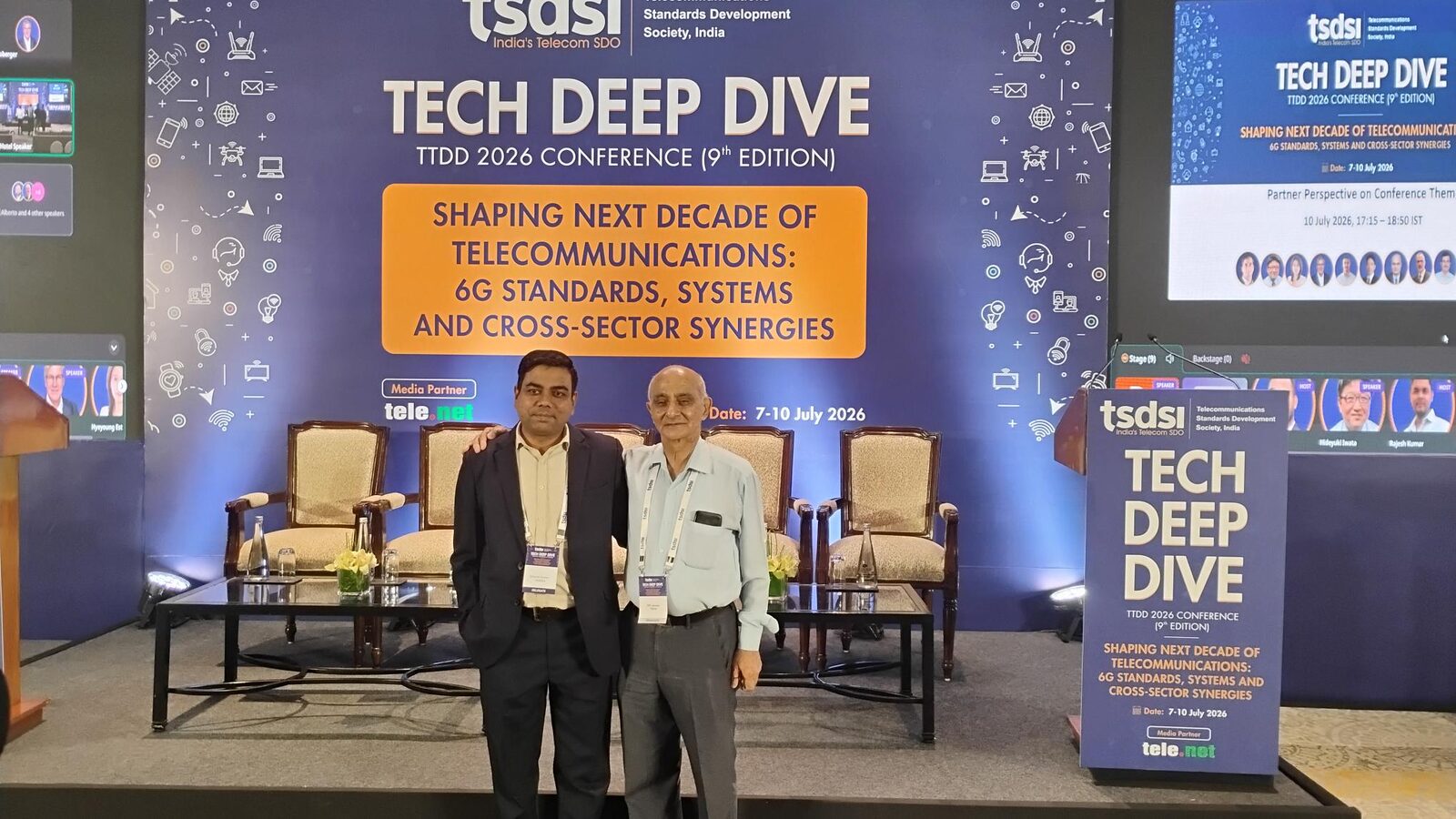 Two members of the ROSTAN Technologies leadership team on the TSDSI Tech Deep Dive 2026 stage, in front of the TTDD 2026 backdrop reading Shaping Next Decade of Telecommunications: 6G Standards, Systems and Cross-Sector Synergies, dated 7 to 10 July 2026.